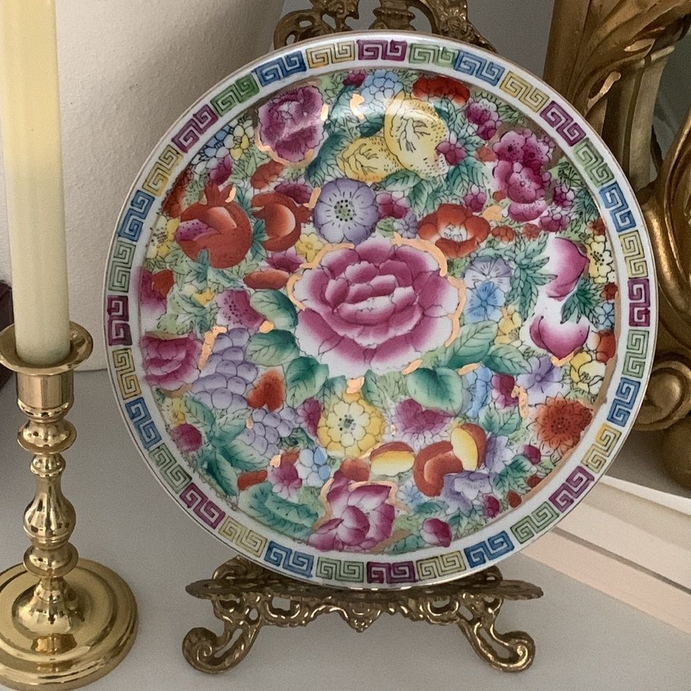 Colorful Floral Plate‎ decorative pink chinoiserie Chinese Export Famille Rose